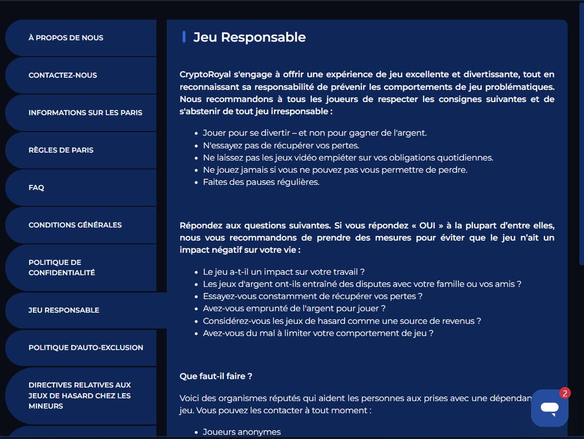 cryptoroyal casino jeu responsable